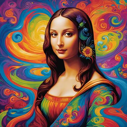 This vibrant digital painting features a woman with flowing, dark brown hair adorned with colorful floral accents. She gazes directly at the viewer, wearing a patterned garment with swirling, psychedelic colors. The background is an explosion of swirling, rainbow-hued patterns, creating a dreamlike and fantastical atmosphere. The style blends traditional portraiture with a modern, digitally-enhanced aesthetic.