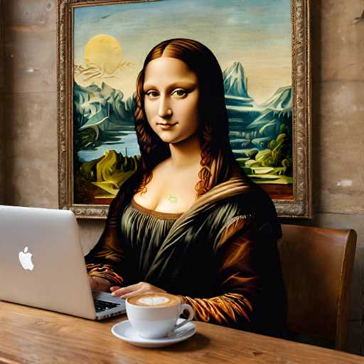 A laptop sits on a wooden table in front of a framed Mona Lisa painting, with the iconic portrait's subject now holding a latte. The spatial relationship is intimate, placing the modern laptop in front of the classical artwork. The art style blends Renaissance portraiture with a contemporary, slightly surreal digital aesthetic.