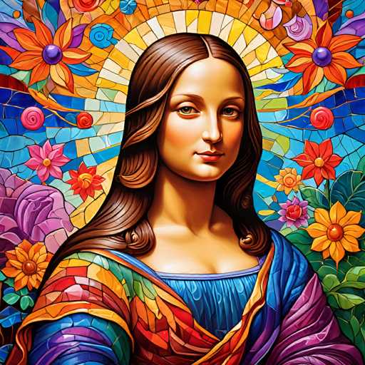 This vibrant mosaic depicts a woman's portrait, likely the Virgin Mary, with a stylized, colorful floral and geometric style reminiscent of Art Nouveau or stained-glass art. The woman's face is central, framed by a radiant, sunburst halo of flowers and geometric patterns. The spatial relationship emphasizes her serene gaze as the focal point within a richly decorative, fantastical environment.