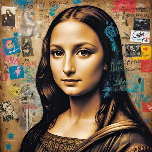 This artwork presents a digital collage reimagining Leonardo da Vinci's Mona Lisa. The iconic portrait is overlaid with various modern, graffiti-style elements like stickers and text, creating a layered, contemporary feel. The spatial relationship is one of juxtaposition, blending the classical portrait with urban ephemera in a visually engaging composition.
