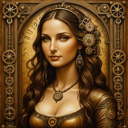 This intricately detailed portrait features a woman with flowing brown hair, adorned in a golden, steampunk-inspired gown and jewelry. She's framed by an ornate clockwork archway, with gears and clock faces integrated into the design. The art style is highly detailed and reminiscent of a vintage, steampunk aesthetic.