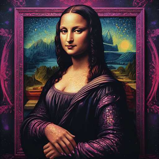 This digital artwork reimagines Leonardo da Vinci's Mona Lisa, presenting her in a vibrant, stylized rendition. The portrait features the iconic subject with a fantastical, cosmic background of swirling purple and blue nebulae, overlaid with a digital-inspired frame. The art style blends Renaissance portraiture with a modern, psychedelic aesthetic, creating a captivating and otherworldly interpretation of the classic masterpiece.