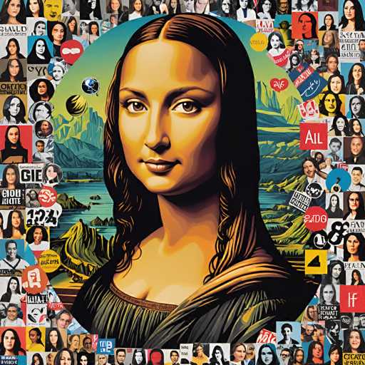This vibrant, digitally-altered artwork reimagines Leonardo da Vinci's Mona Lisa as a collage of diverse faces. The iconic portrait is overlaid with numerous profile portraits, creating a dynamic and modern composition. The spatial relationship is one of layering, where the faces overlap the traditional painting, juxtaposing familiar and unfamiliar figures. The art style blends digital manipulation with a recognizable Renaissance aesthetic.