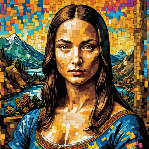 This mosaic-style artwork depicts a woman with long, dark hair and a serene expression, set against a vibrant landscape of mountains and water. The close-up portrait emphasizes her face, while the fragmented, colorful tiles create a visually striking and textured composition. The overall style evokes a Renaissance or Art Nouveau aesthetic, emphasizing detail and pattern.