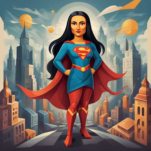 A powerful, dark-haired superheroine in a blue and red suit stands confidently in the center of a stylized cityscape. She's framed by a vibrant, retro-inspired illustration with geometric patterns and glowing celestial bodies in the sky. The spatial relationship places her as a central figure, commanding attention amidst the towering buildings.