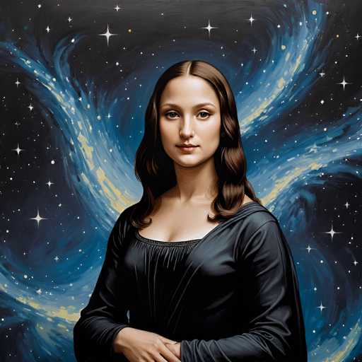 This digital artwork reimagines Leonardo da Vinci's Mona Lisa, placing the portrait within a cosmic space. The subject, a woman with a serene expression, is framed by swirling blue and gold nebulae and scattered stars. The style blends Renaissance portraiture with a modern, ethereal cosmic aesthetic, creating a captivating juxtaposition of earthly and celestial elements.