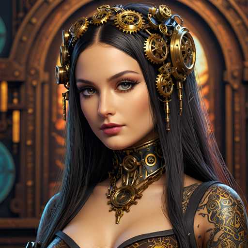 A woman with long, dark hair adorned with intricate brass gears and a steampunk-inspired choker gazes directly at the viewer. She wears a dark, ornate top with detailed tattoos and a warm, slightly blurred background of brass machinery. The art style is highly detailed and fantastical, emphasizing intricate mechanical elements.