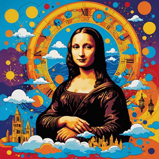 This vibrant, stylized artwork reimagines Leonardo da Vinci's Mona Lisa within a cosmic clockwork frame. The portrait is centrally positioned, surrounded by swirling clouds and celestial elements like suns and moons, with a prominent clock face emphasizing time's passage. The art style blends pop art with Renaissance aesthetics, creating a visually dynamic and surreal composition.