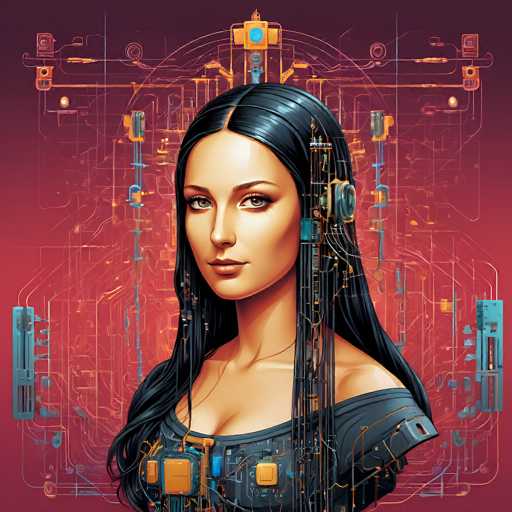 A woman with long, black hair is the central focus of this digital artwork. She's adorned with intricate cybernetic enhancements, resembling a fusion of human and technology. The background is a vibrant, abstract network of glowing circuitry, creating a futuristic, digital aesthetic with a warm, reddish-orange color palette.