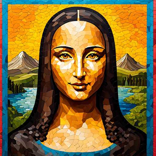 This mosaic-style artwork depicts a portrait of Mona Lisa, rendered in a detailed, fragmented style. The subject's face is centrally positioned against a warm, textured background of yellow and orange. A serene landscape with mountains and water frames the portrait, creating a balanced composition. The overall style emphasizes texture and detail through its mosaic construction.
