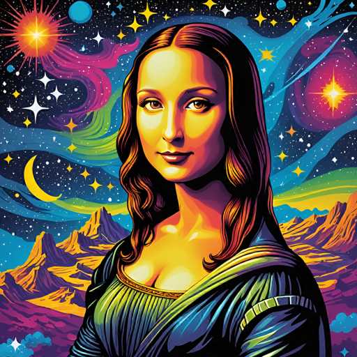 This vibrant, retro-inspired digital artwork reimagines the Mona Lisa as a cosmic figure. The subject is depicted against a swirling, colorful space backdrop with celestial mountains and stars. The art style blends the iconic Renaissance portrait with a psychedelic, retro aesthetic, emphasizing bold lines and glowing colors.