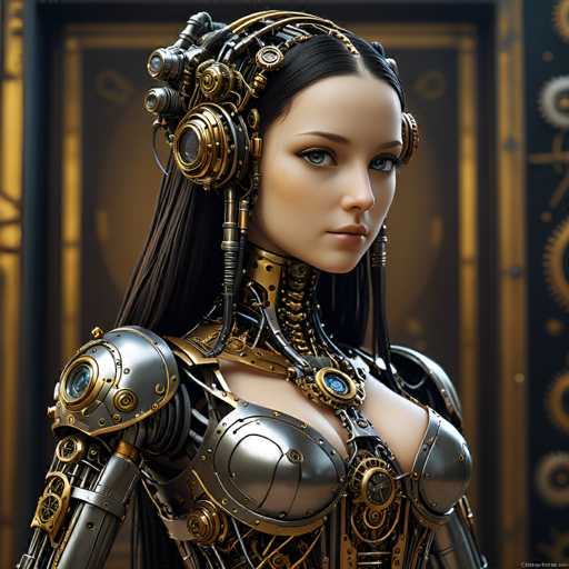 A stunning, highly detailed digital artwork depicts a woman with a highly intricate, steampunk-inspired mechanical body. She has long black hair and piercing blue eyes, adorned with elaborate brass and silver cybernetic components. The spatial relationship is close-up, focusing on her face and upper body, with a blurred background hinting at a detailed mechanical environment. The art style is photorealistic and fantastical, emphasizing intricate textures and metallic details.