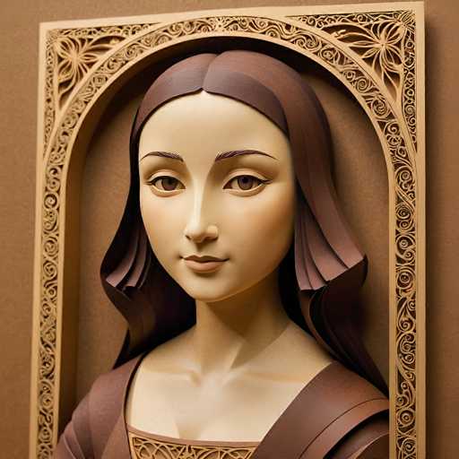 This is a detailed, three-dimensional sculpture of a woman's portrait in a Renaissance or Art Nouveau style. The main subject is a serene, light-skinned woman with long, flowing brown hair and gentle eyes. She's framed by an ornate, arched wooden frame with intricate carvings. The spatial relationship is one of close proximity and focus on the woman's face, with the frame acting as a decorative border.