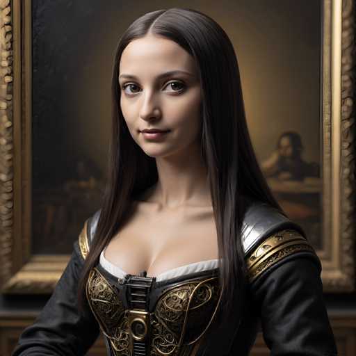 A young woman with long, dark hair gazes directly at the viewer in a portrait. She wears a detailed, ornate black and gold garment with a white underlay, set against a blurred, warm-toned background featuring a framed painting. The style is reminiscent of Renaissance portraiture with a modern, fantastical touch.