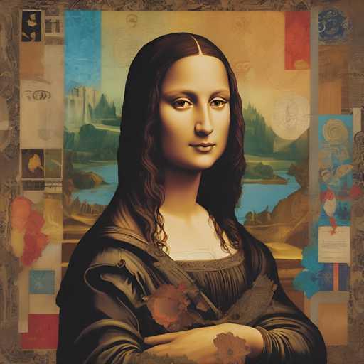 This image is a digital artwork blending Leonardo da Vinci's Mona Lisa portrait with collage elements. The main subject, the Mona Lisa, is centrally positioned against a textured backdrop of various paper fragments and abstract patterns. The art style combines classical portraiture with a modern, mixed-media aesthetic, creating a visually complex and layered composition.