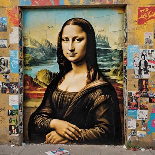 The image features a large, street-art rendition of Leonardo da Vinci's Mona Lisa on a wall. The iconic portrait dominates the space, with the figure's serene expression and detailed clothing rendered in a realistic style. The artwork is framed by a collage of other images, creating an unexpected juxtaposition with the traditional masterpiece.