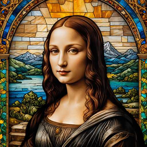 This image is a digital recreation of Leonardo da Vinci's "Mona Lisa" in the style of stained glass. The portrait features a woman with a serene expression, her gaze directed towards the viewer. She's draped in a dark gown, with a landscape scene – mountains, water, and foliage – forming the background within the stained glass frame. The art style emphasizes detailed textures and a soft, atmospheric quality characteristic of Renaissance art.