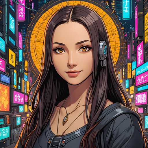 A stylish anime woman with long, dark hair and warm brown eyes is centrally positioned against a vibrant, neon-lit cityscape. She wears futuristic headphones and a detailed necklace, her gaze direct and inviting. The art style is digital painting with a focus on bold colors and intricate details, creating an immersive cyberpunk aesthetic.