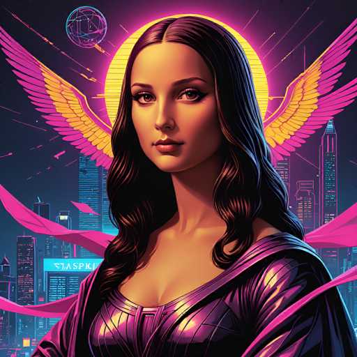 A futuristic, digital portrait features a woman with long, dark hair and wings, set against a neon-lit cityscape. She's bathed in a glowing golden halo, with vibrant pink and purple accents adding to the retro-futuristic aesthetic. The composition is dynamic, emphasizing a blend of digital art and cosmic elements.