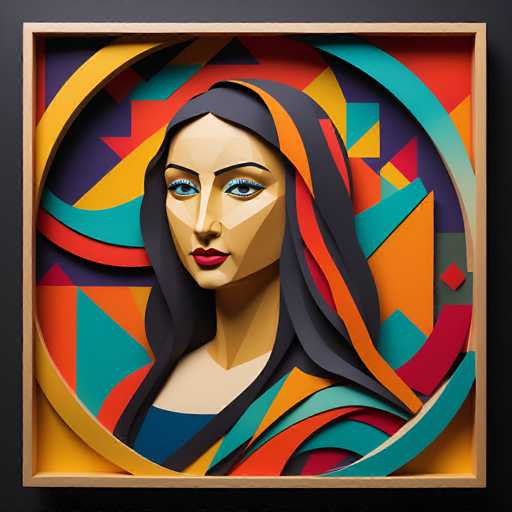 This 3D-rendered artwork features a stylized portrait of a woman with geometric, faceted features. She's framed by a circular, multi-layered design in vibrant, angular shapes, creating a sense of depth and modern abstraction. The overall style is a blend of 3D illustration and pop art, focusing on bold color contrasts.
