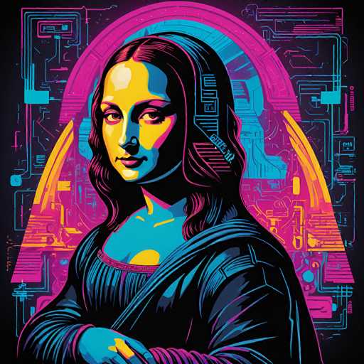This vibrant, retro-futuristic artwork reimagines Leonardo da Vinci's Mona Lisa in a cyberpunk style. The iconic portrait is overlaid with digital circuitry and glowing neon elements, creating a visually striking contrast between the Renaissance masterpiece and a technological aesthetic. The spatial relationship is dynamic, with the digital elements seemingly integrated into the artwork's form.