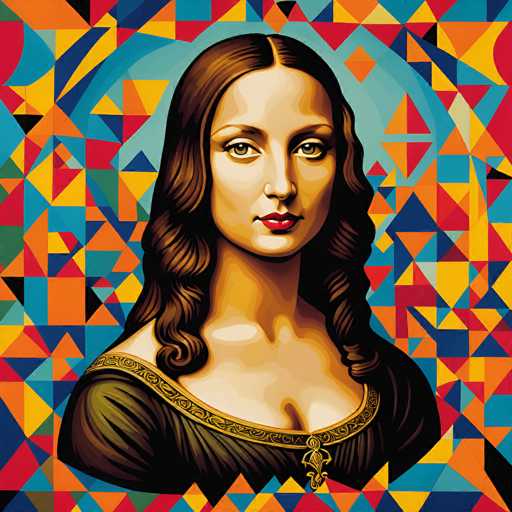 This artwork is a vibrant, stylized rendition of the Mona Lisa, reimagined in a bold, geometric, and cubist-inspired style. The portrait features the iconic subject's face and upper body against a dynamic, mosaic-like background of angular shapes in warm colors. The spatial relationship is flattened, emphasizing the subject's gaze while creating a visually engaging and modern interpretation of the classic masterpiece.