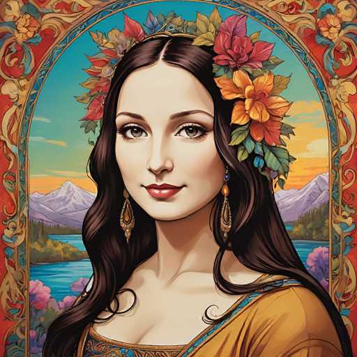 This portrait features a woman with long, dark hair adorned with a floral crown, set against an ornate, gold-framed backdrop. She gazes directly at the viewer with a serene expression. The background depicts a landscape of mountains, a lake, and a vibrant sunset, creating a dreamlike, possibly Renaissance-inspired, digital art piece.