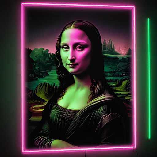 This neon-lit artwork reimagines Leonardo da Vinci's Mona Lisa, presenting the iconic portrait in a vibrant, modern style. The subject is the Mona Lisa herself, her enigmatic gaze framed by a neon pink and green border. The background features a stylized landscape, creating a surreal, glowing effect on the classic Renaissance masterpiece.
