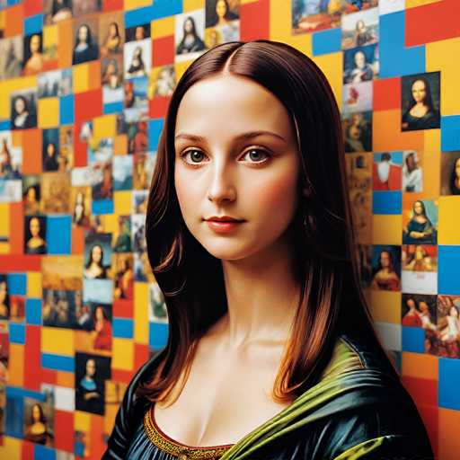 A portrait of a young woman with long, flowing brown hair and a serene expression dominates the frame. She's dressed in a dark green gown with gold detailing, positioned against a vibrant, mosaic-like wall of miniature portraits. The art style blends Renaissance portraiture with a modern, collage aesthetic, creating a visually striking and slightly surreal effect.