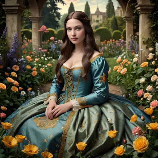 A woman in a teal and gold Renaissance-style gown sits gracefully amidst a vibrant garden of flowers. She's positioned centrally, her hands clasped in her lap, gazing directly at the viewer. The scene is bathed in soft light, with a detailed, painterly art style emphasizing intricate textures and a romantic, slightly fantastical atmosphere.