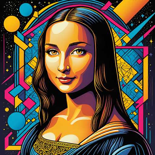 This vibrant, retro-inspired digital portrait reimagines the Renaissance masterpiece "Mona Lisa." The subject is a stylized, modern rendition of the iconic woman, with bold geometric shapes and neon colors surrounding her. The spatial relationship is dynamic, with the figure centrally positioned against a complex, abstract backdrop that blends digital art with traditional portraiture.