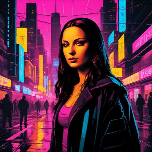A woman stands confidently in a vibrant, neon-lit cyberpunk city street, her gaze directed towards the viewer. The image features a futuristic cityscape with towering buildings adorned with glowing signs, reflected in wet pavement. The art style is highly stylized and digitally painted, emphasizing bold colors and sharp lines.