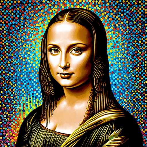 This vibrant, digitally-altered portrait reimagines the Mona Lisa in a pop art style. The iconic Renaissance painting is rendered with a mosaic of colorful dots, creating a modern, pixelated effect. The subject's serene expression remains, juxtaposed against the dynamic, patterned background, maintaining a familiar yet playful aesthetic.