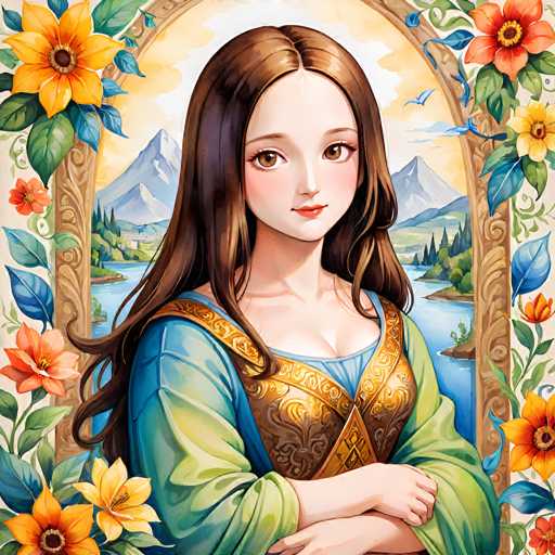 A young woman with long, flowing brown hair and gentle eyes is centrally positioned within a decorative, ornate frame. She wears a teal and gold garment with intricate detailing. Lush floral elements surround her, creating a fantastical, illustrative style reminiscent of a Renaissance or fantasy painting. The background features a serene landscape with mountains and water, further enhancing the overall artistic composition.