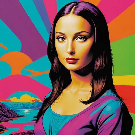 This vibrant, retro-inspired portrait features a woman with long, dark hair and striking eyes, set against a bold, psychedelic backdrop of radiating stripes and landscape. The spatial relationship is close-up, focusing on the woman's face while the background creates a dynamic, dreamlike environment. The art style is reminiscent of 1960s pop art with its bold colors and graphic elements.