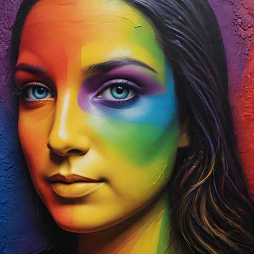 This close-up portrait features a woman's face, vividly painted with rainbow colors across her skin. The art style is digital painting, emphasizing a textured, almost impasto effect with visible brushstrokes and vibrant color gradients. Her eyes are strikingly blue, contrasting with the colorful face, creating a bold and expressive image.