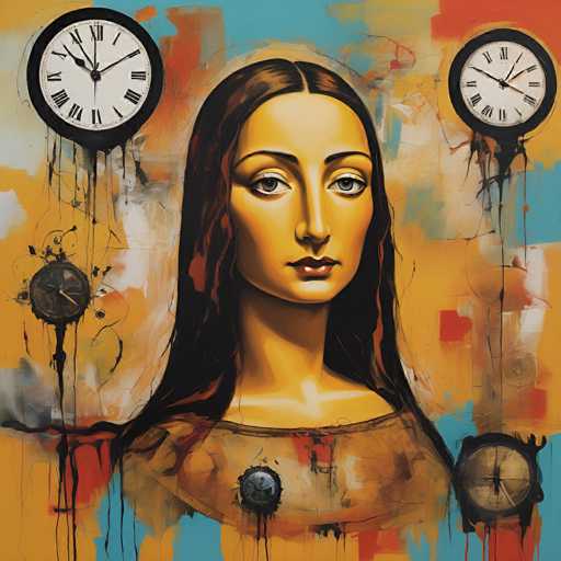 The artwork presents a stylized portrait of a woman with long, dark hair, reminiscent of the Mona Lisa. Two clocks hang as if dripping from her shoulders, emphasizing a sense of time's passage and perhaps a surreal or distorted reality. The style is a blend of digital painting and abstract elements, with drips and splatters adding to the dynamic composition.