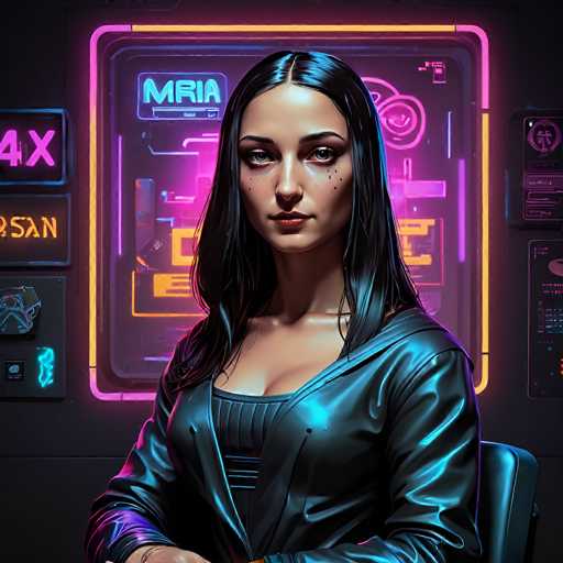 A woman with long, dark hair and striking makeup sits in a futuristic, neon-lit setting. She's wearing a black leather jacket and is the central focus against a vibrant, glowing backdrop featuring digital displays. The art style is cyberpunk-inspired, emphasizing neon lights and a retro-futuristic aesthetic.