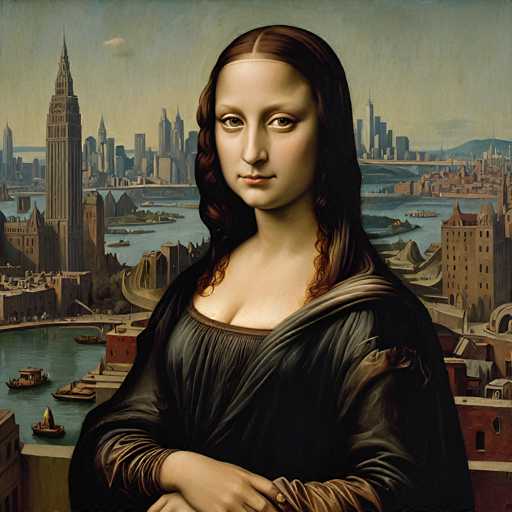 This image is a digital artwork blending Leonardo da Vinci's Mona Lisa portrait with a cityscape of modern Paris. The iconic portrait is positioned against a backdrop of the Eiffel Tower and other Parisian buildings, creating a surreal juxtaposition. The art style combines Renaissance portraiture with a contemporary urban landscape, offering a unique and unexpected visual experience.