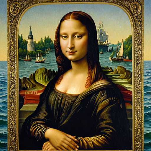 This is a digital recreation of Leonardo da Vinci's "Mona Lisa," reimagined with a fantastical, dreamlike backdrop. The portrait features the iconic subject in a dark, draped gown, her hands gently clasped. Behind her, a serene seascape with a distant cityscape and sailing ships creates an ethereal spatial relationship, blending the familiar portrait with an imaginative, otherworldly setting. The art style retains the Renaissance's soft sfumato technique.