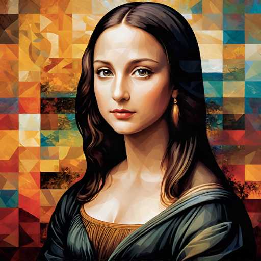 This digital artwork reimagines the iconic Mona Lisa in a vibrant, mosaic-style portrait. The subject is a woman with long, dark hair and a serene expression, her gaze directed towards the viewer. The background is a colorful, fragmented pattern of squares, creating a modern, abstract interpretation of the classic Renaissance portrait.