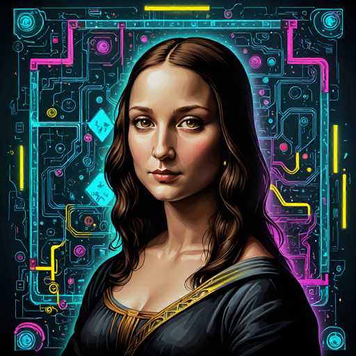 This digital artwork reimagines Leonardo da Vinci's Mona Lisa in a futuristic, cyberpunk style. The portrait is framed by a glowing neon circuit board background with vibrant pink and yellow lines, contrasting with the traditional Renaissance portrait. The subject's expression remains enigmatic, while her clothing is modernized with a tech-inspired design.