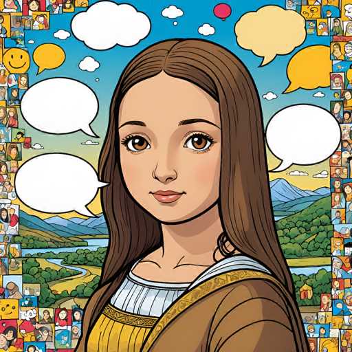 The image features a young woman with long brown hair and large eyes, centrally positioned against a vibrant, cartoonish background of diverse faces. She's wearing a golden garment and has speech bubbles floating around her, suggesting conversation or thoughts. The art style is whimsical and illustrative, with a focus on character design and expressive faces.