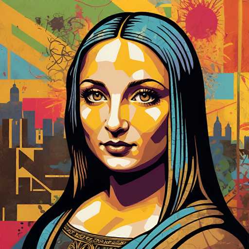 The image is a digital portrait of a woman with long, dark hair and striking eyes. She's depicted in a vibrant, stylized art style with bold, geometric patterns and a mix of warm and cool color palettes. The background is abstract, suggesting an urban or energetic environment.