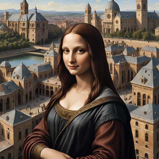 A digital artwork reimagines the Mona Lisa in front of a detailed, panoramic view of Florence. The subject is positioned centrally, her gaze direct and serene, with a grand, Renaissance-style cityscape forming the backdrop. The art style blends photorealism with painterly qualities, emphasizing a sense of depth and historical context.