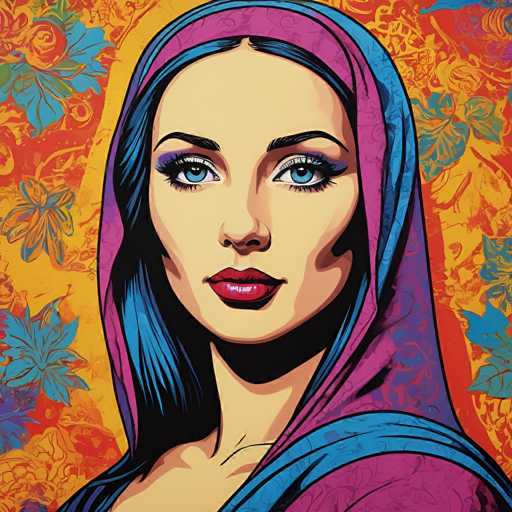 The image is a digital portrait of a woman with striking blue eyes, wearing a vibrant, patterned headscarf in shades of purple and blue. The art style is a bold, stylized illustration with strong outlines and flat color blocks, creating a graphic, almost pop-art feel. The woman's face is centrally positioned, drawing focus to her expressive gaze.
