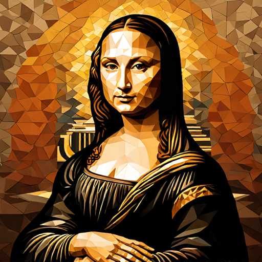 This image is a digital mosaic rendition of Leonardo da Vinci's Mona Lisa. The portrait features the subject, a woman with a serene expression, centrally positioned against a geometrically patterned background. The art style utilizes a pixelated, mosaic-like aesthetic, creating a visually striking and modern interpretation of the Renaissance masterpiece.