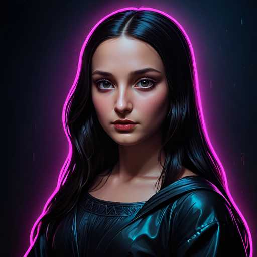 A young woman with long, flowing black hair and striking makeup is the central focus. She's wearing a glossy black jacket outlined in vibrant pink neon, creating a futuristic and slightly ethereal aesthetic. The image is digitally rendered with a dark, moody background, emphasizing the subject's intense gaze and soft lighting.