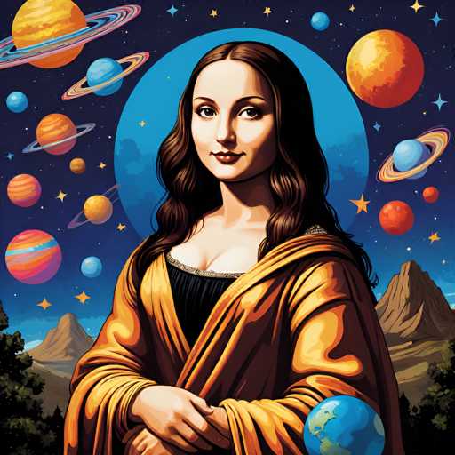 This artwork reimagines Leonardo da Vinci's Mona Lisa within a cosmic setting. The portrait is framed by a vibrant, stylized depiction of planets and stars, with the Mona Lisa's iconic pose and expression preserved. The art style blends Renaissance portraiture with a modern, colorful, and slightly psychedelic aesthetic, placing the subject in an otherworldly space.