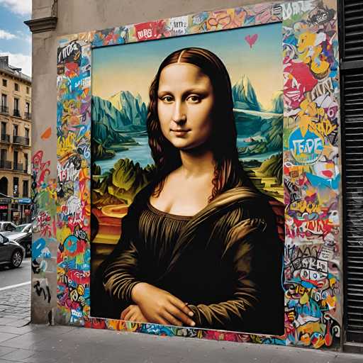 The image features a large, vibrant mural of Leonardo da Vinci's Mona Lisa, framed by colorful graffiti art. The iconic portrait dominates the wall, with a modern, street-art style surrounding it. The spatial relationship is one of juxtaposition – the classical masterpiece is playfully integrated into a contemporary, urban environment.